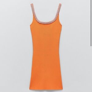 Zara knit orange dress with pearls, size small